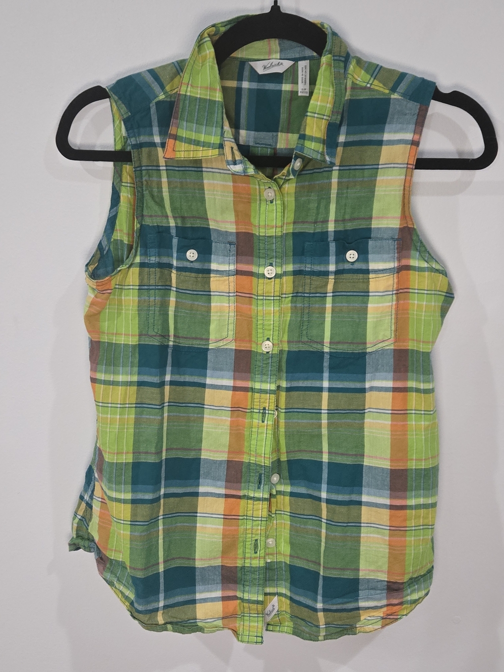Woolrich Sz S/P Green Plaid Sleeveless Button-Up Top